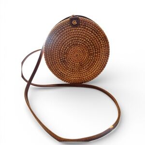 Round Rattan Bali Bag Wicker Crossbody Purse Leather Strap Tropical Lined Boho
